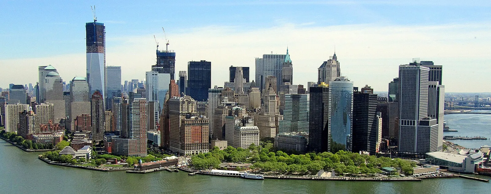 An aerial view of the financial district at the southern tip of Manhattan