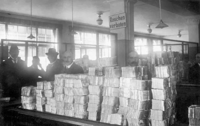 Stacks of banknotes at the German Reichsbank during the 1923 hyperinflation