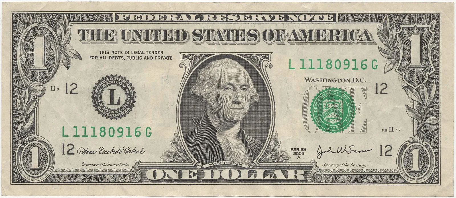 The obverse of a United States one dollar bill