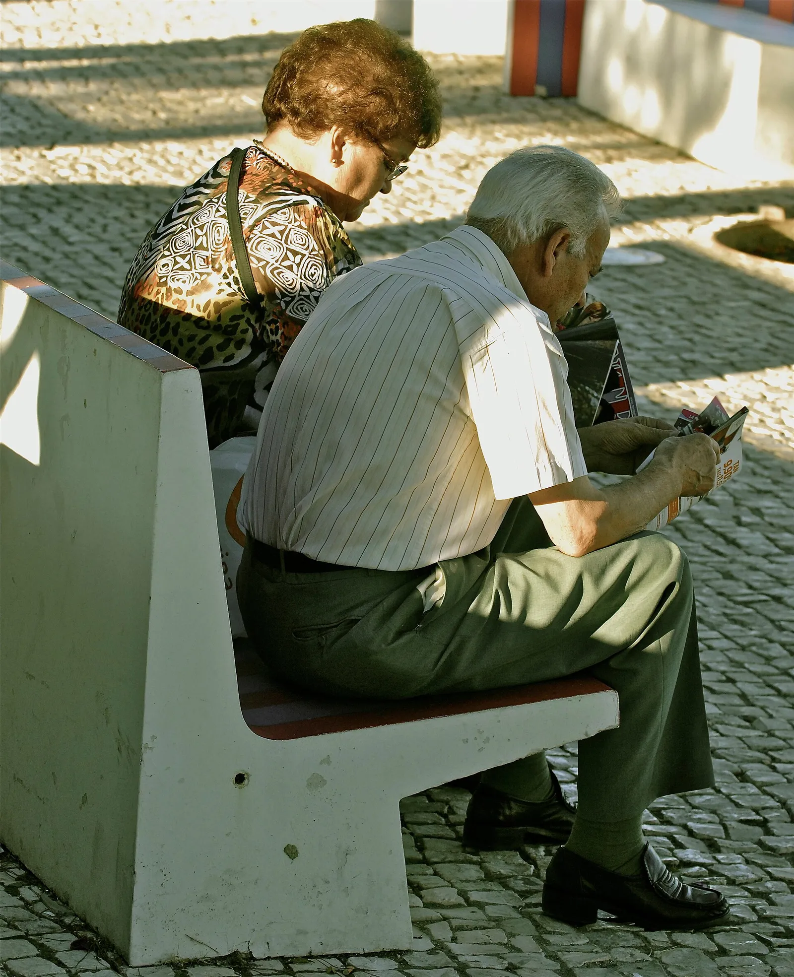 An elderly couple reading together