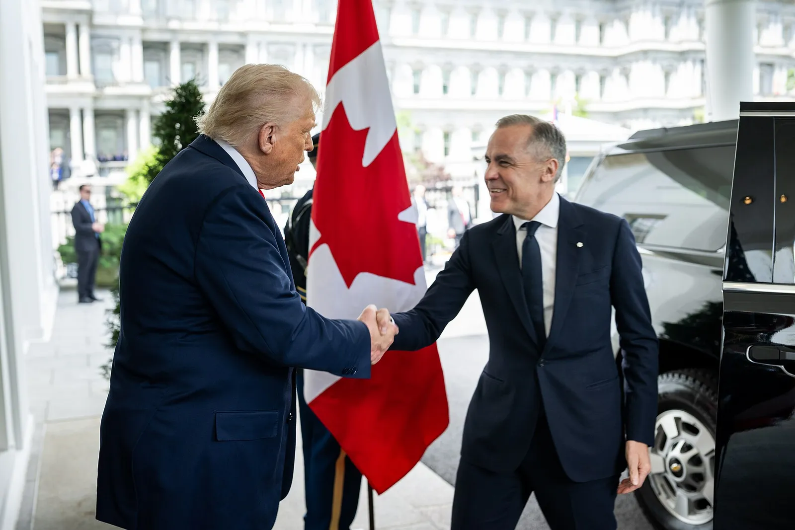 President Donald Trump greets Canadian Prime Minister Mark Carney at the White House