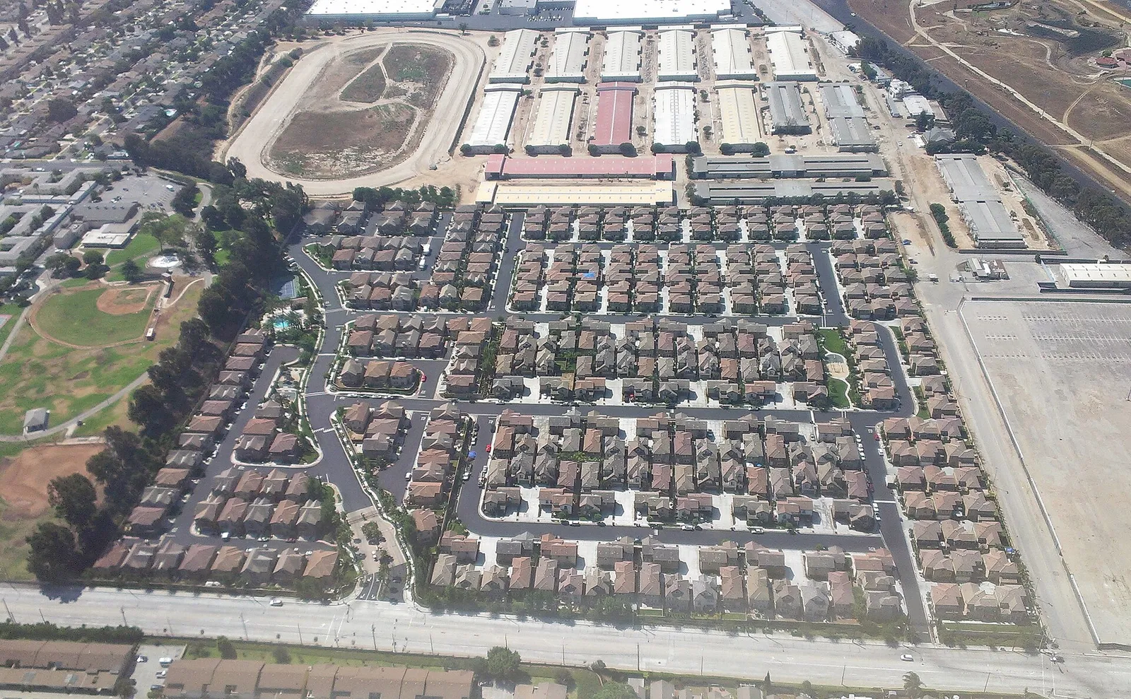 An aerial view of a residential subdivision of single-family homes