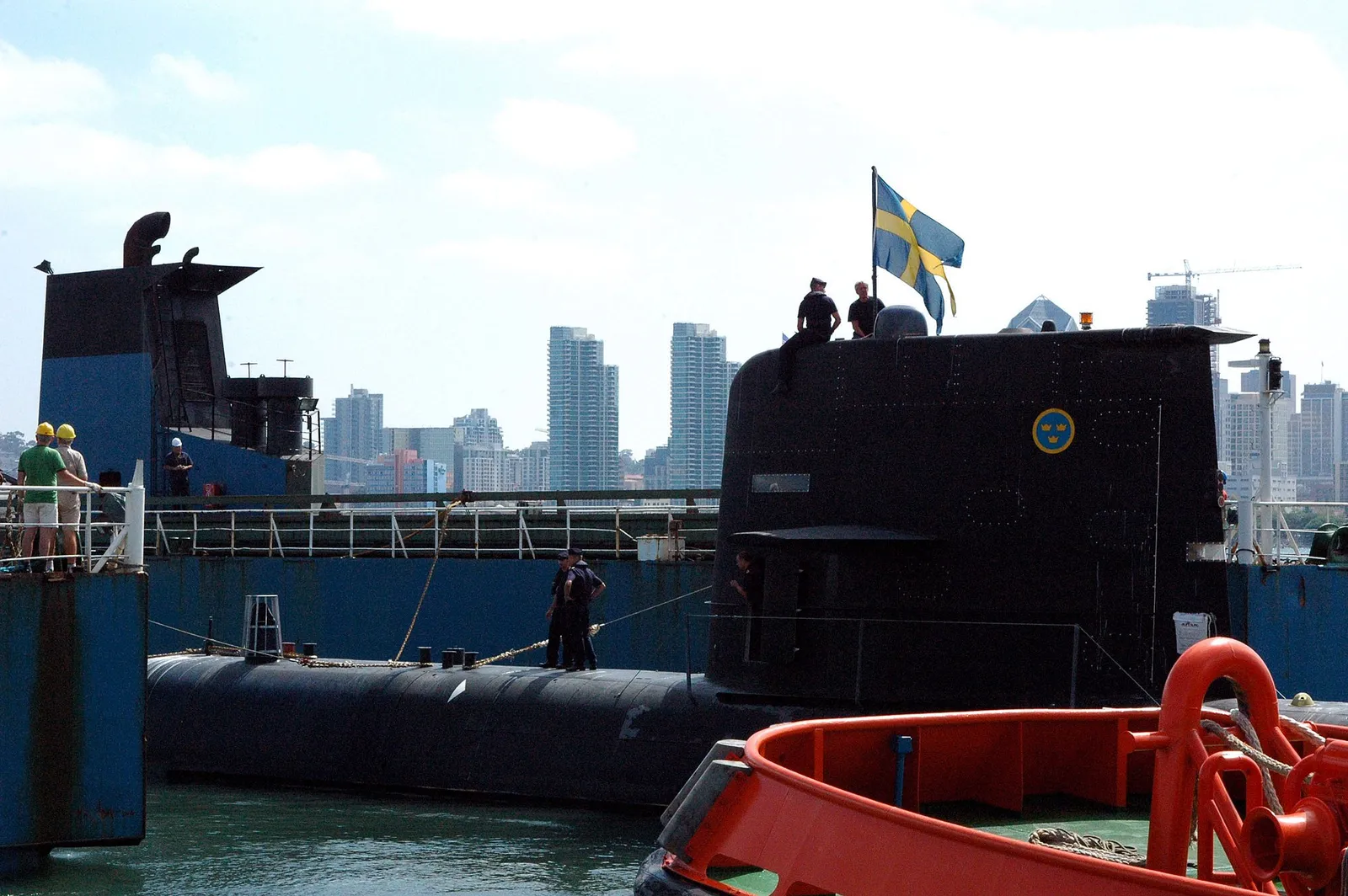 A Swedish navy submarine on the surface
