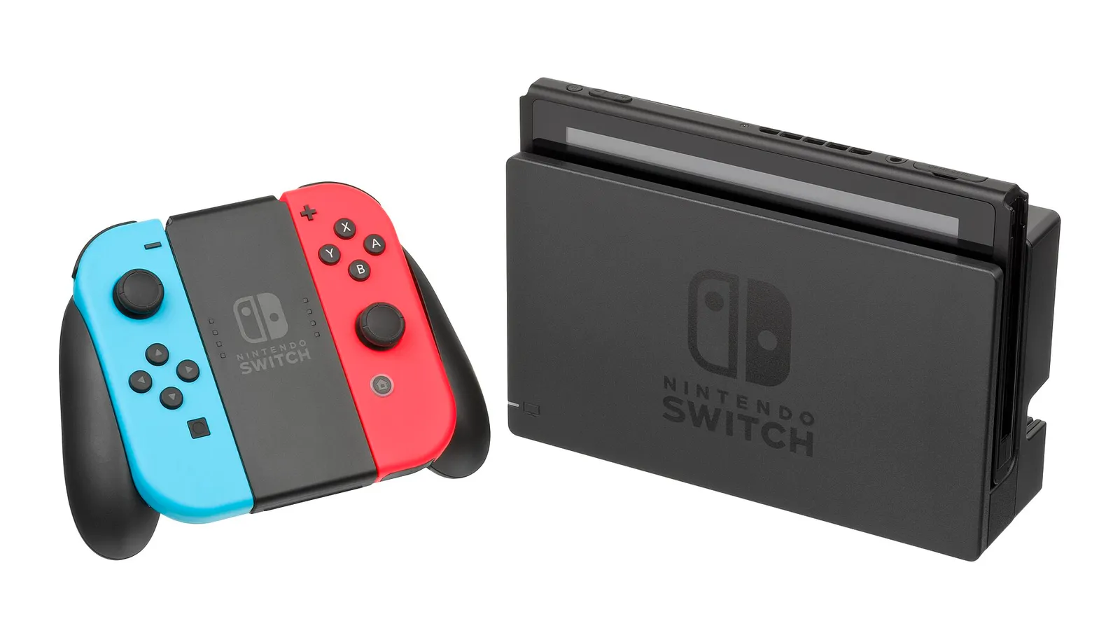 A Nintendo Switch console in its dock with Joy-Con controllers attached
