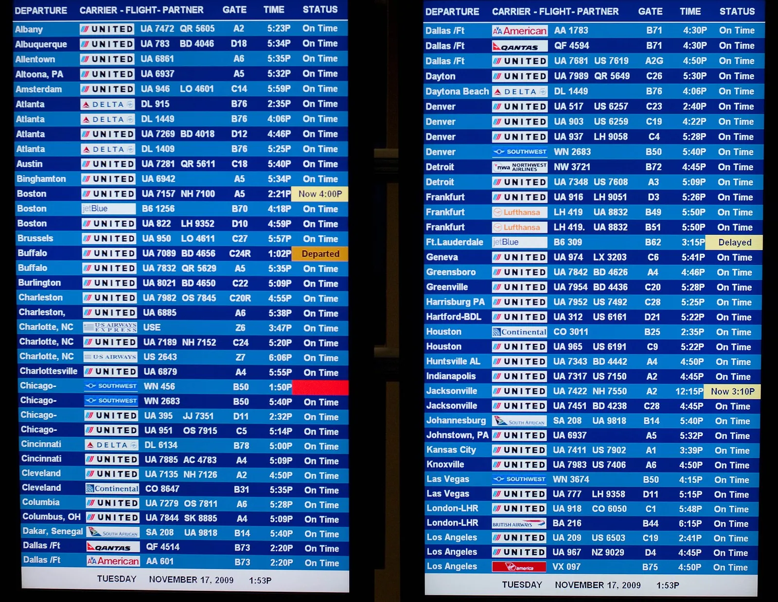 A departures board at an airport terminal