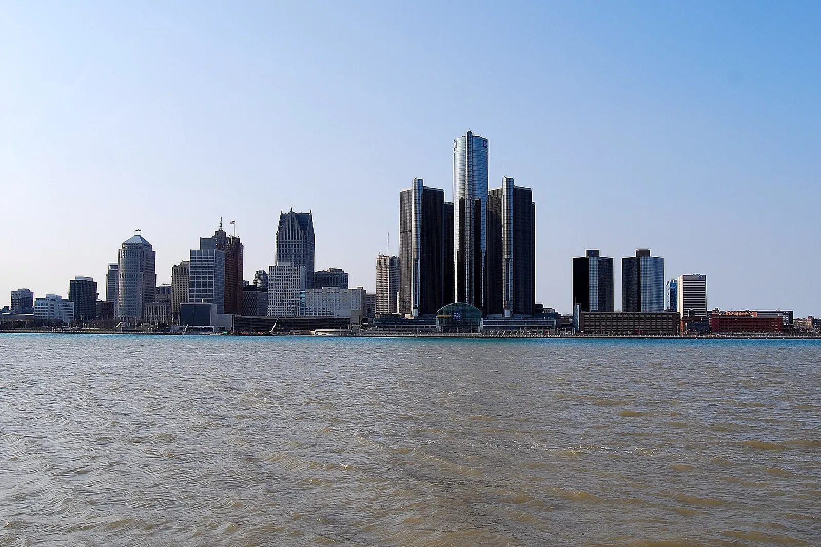 The Detroit skyline, with the Renaissance Center, General Motors' headquarters, at centre