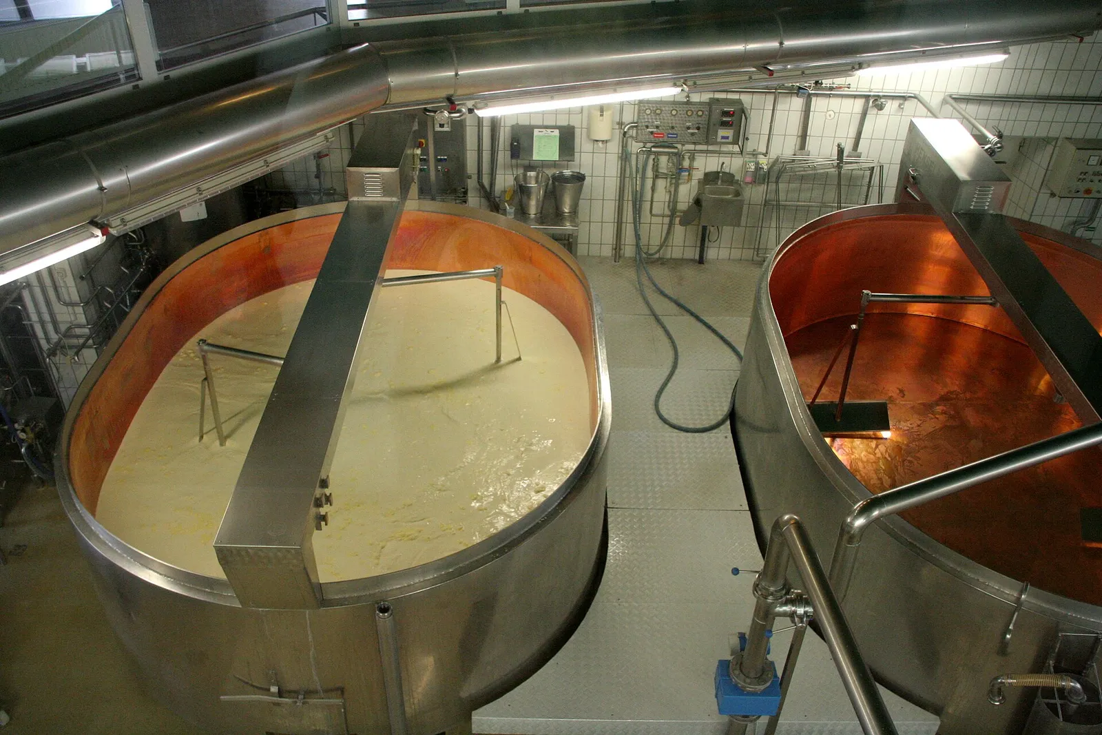 Cheese being made in a dairy, the process that produces whey