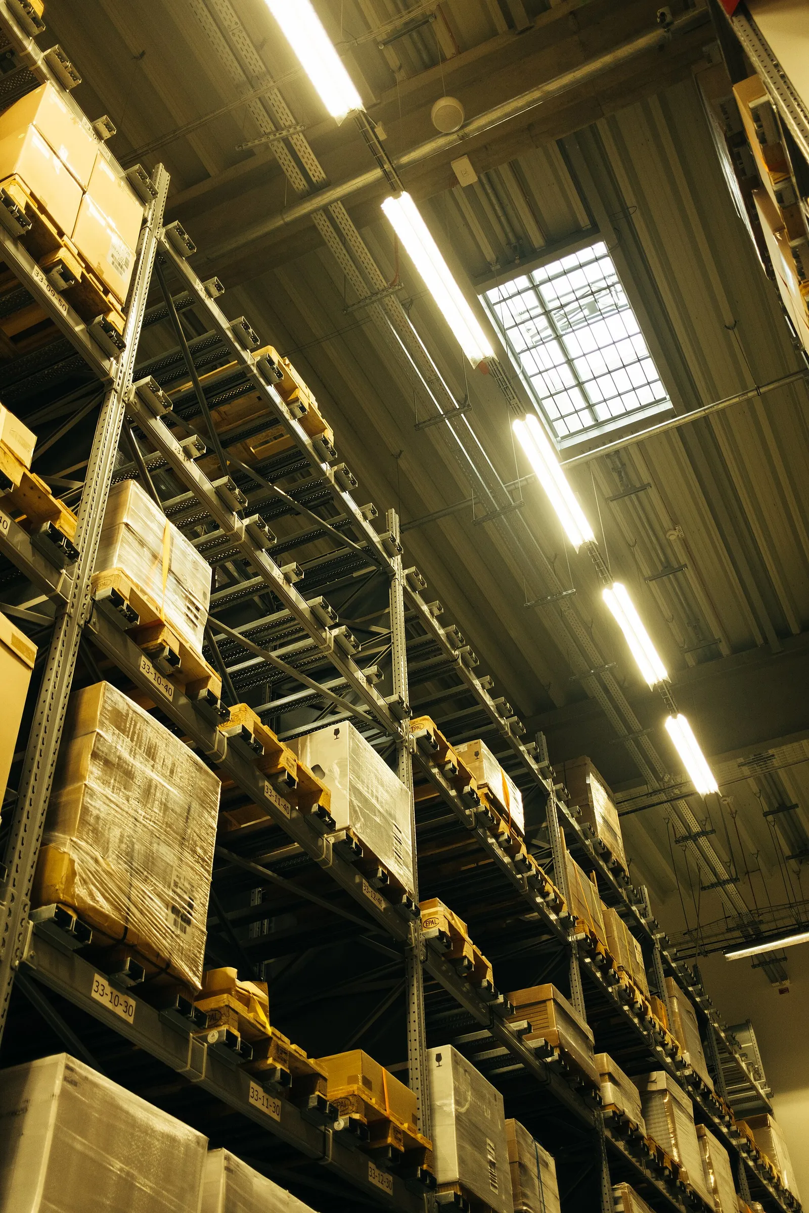 The interior of a logistics warehouse