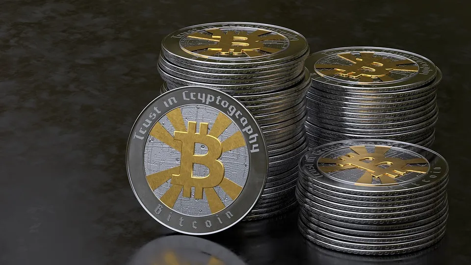 A stack of physical coins representing bitcoin