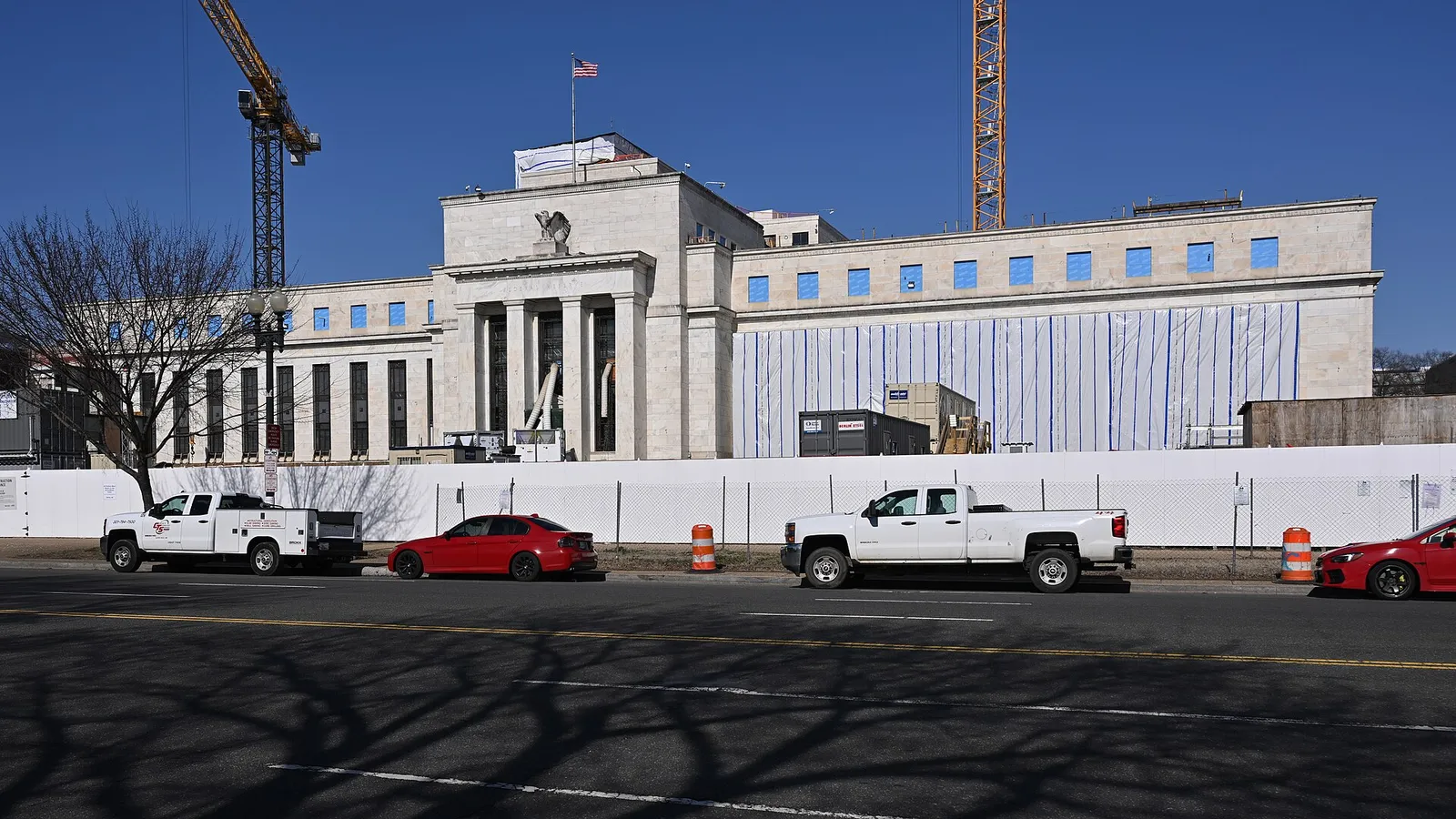 Construction hoarding and scaffolding around the Eccles Federal Reserve building in Washington