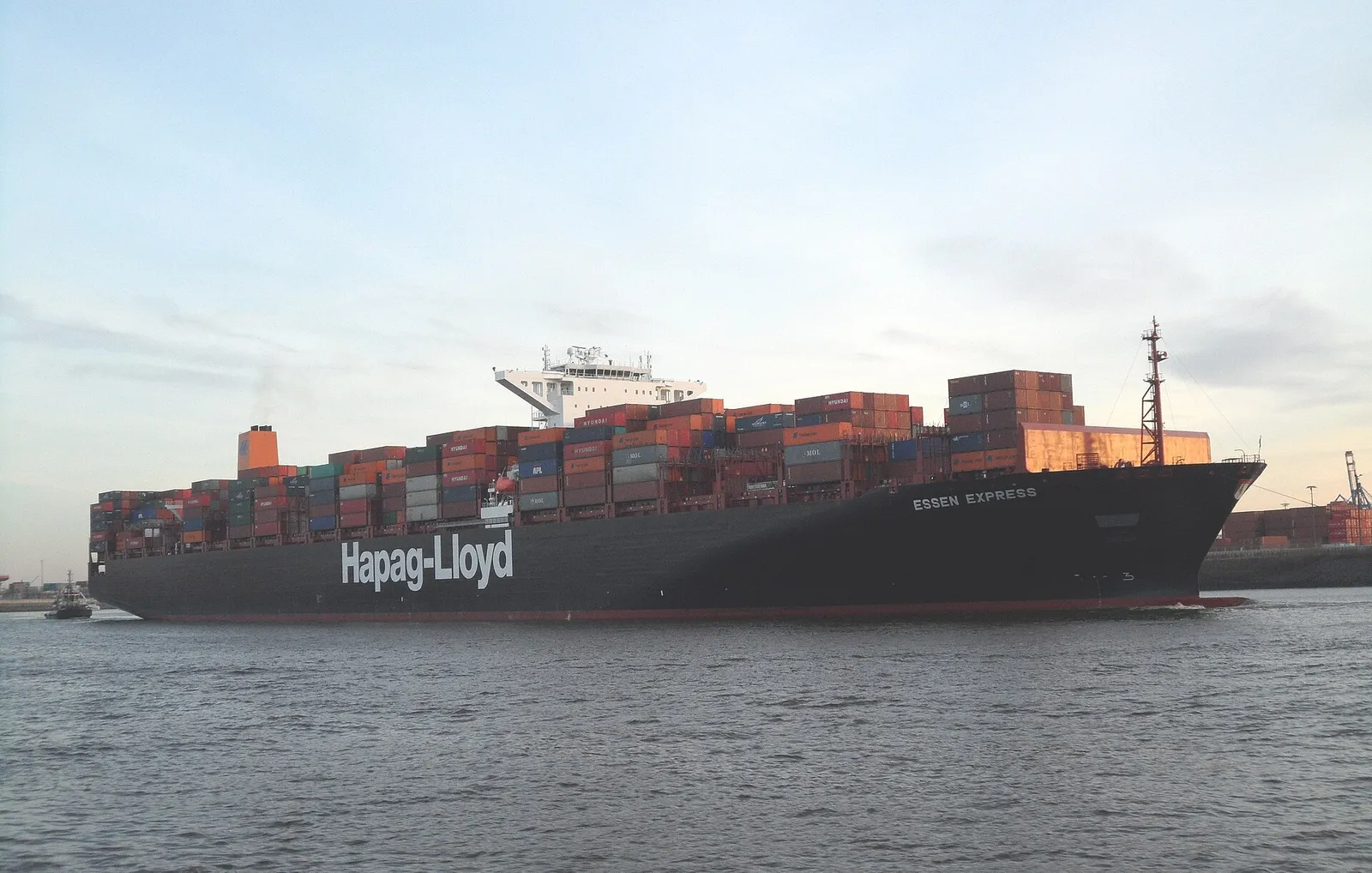 A container ship leaving the port of Hamburg