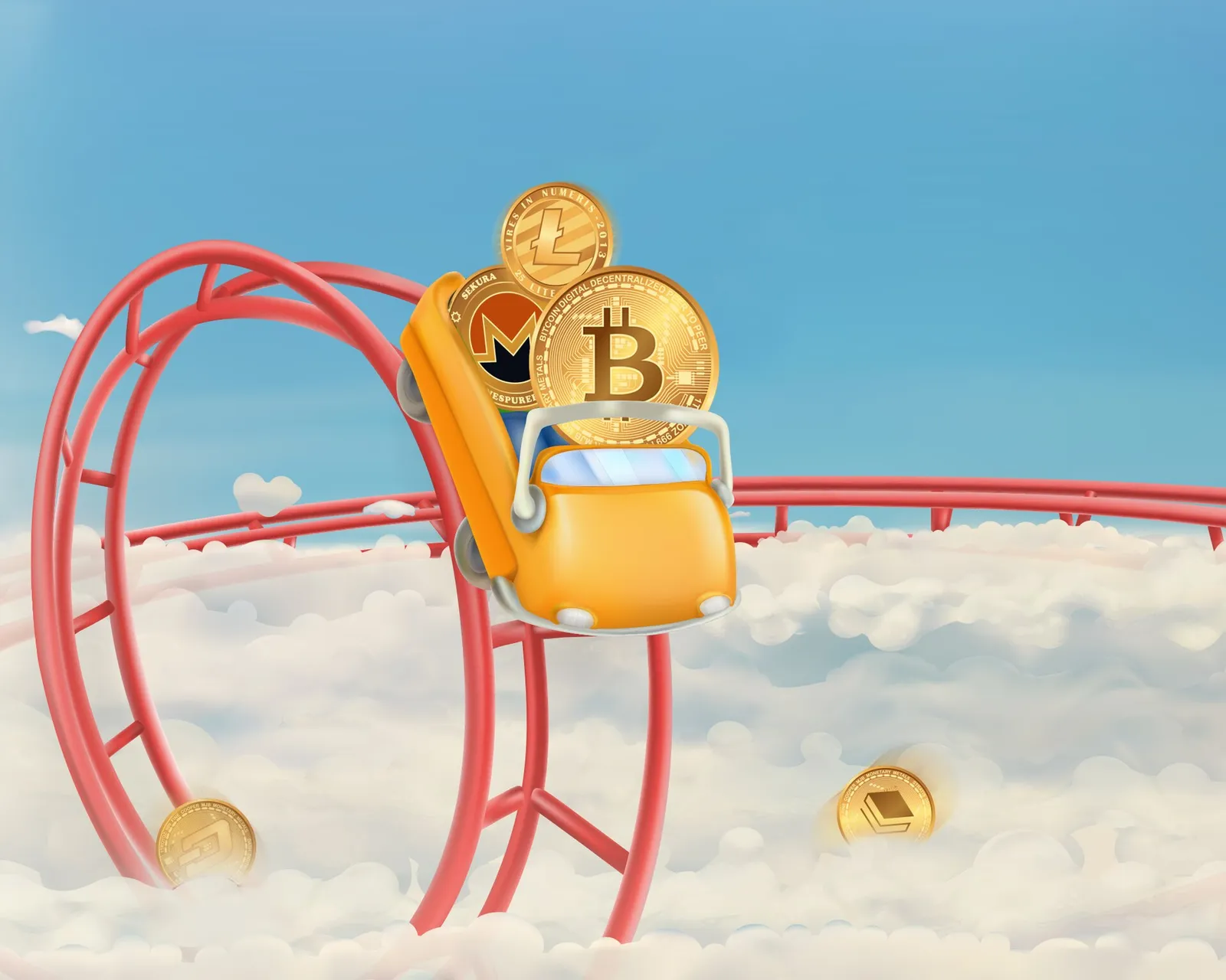 A model figure rides a coin-shaped rollercoaster, illustrating cryptocurrency volatility