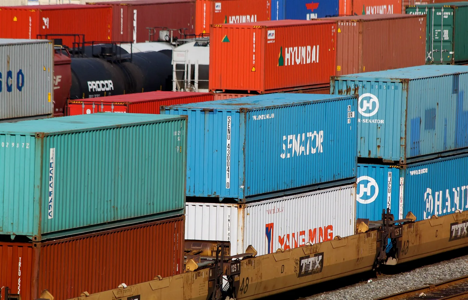 Stacked cargo shipping containers
