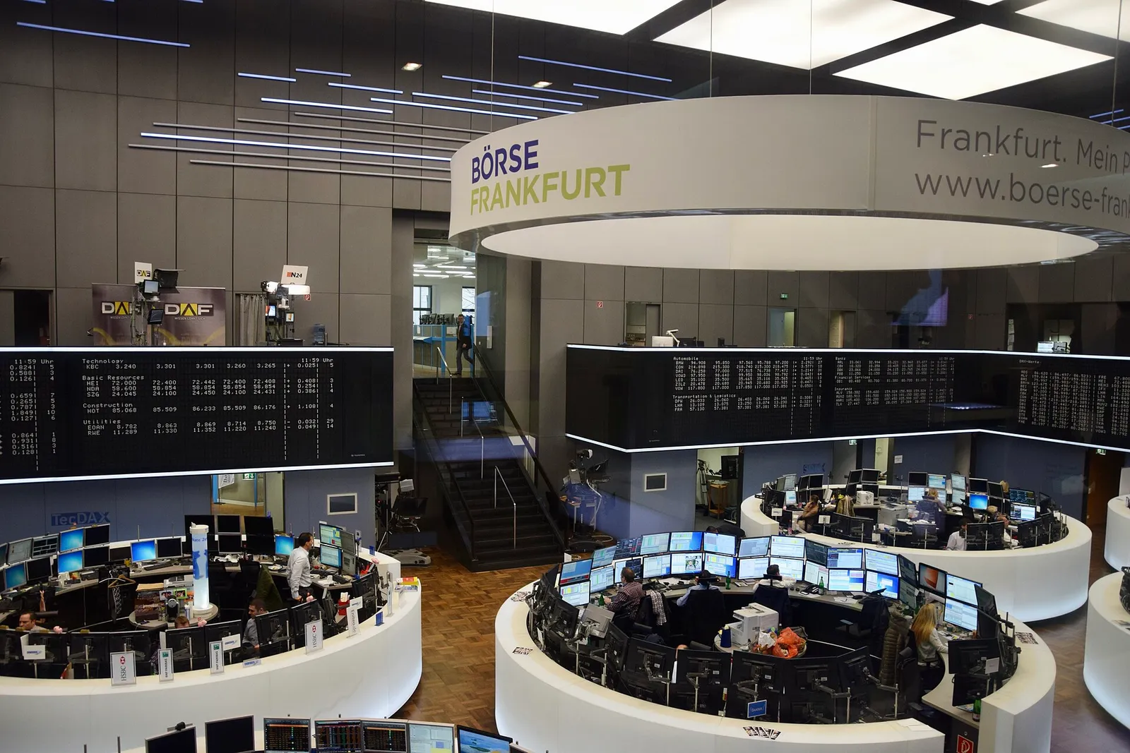 Display boards on the floor of the Frankfurt Stock Exchange