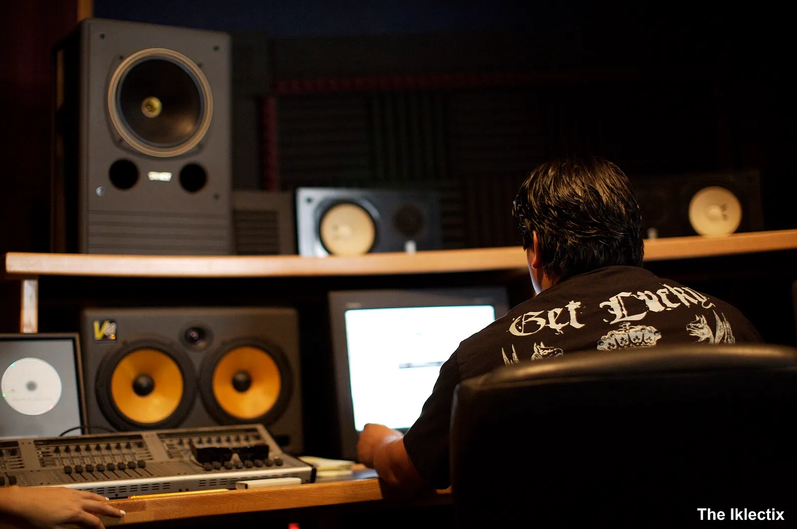 A music mixing console in a recording studio