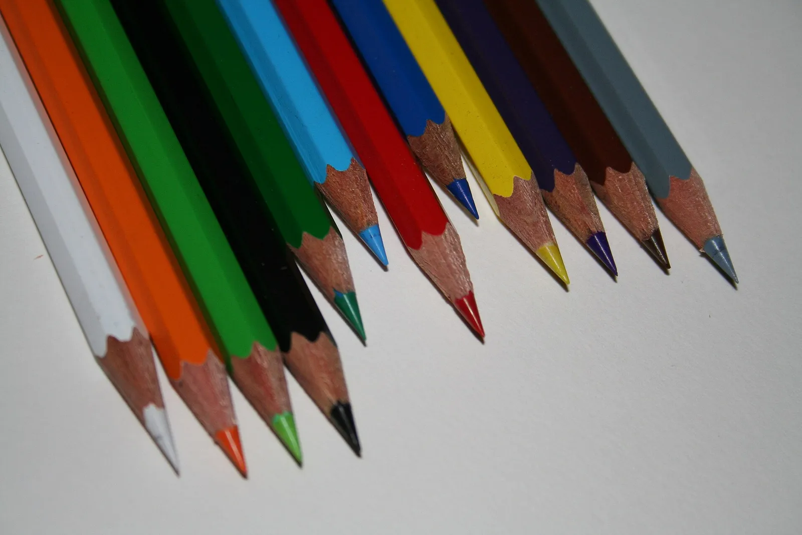 A close-up of sharpened colored pencils