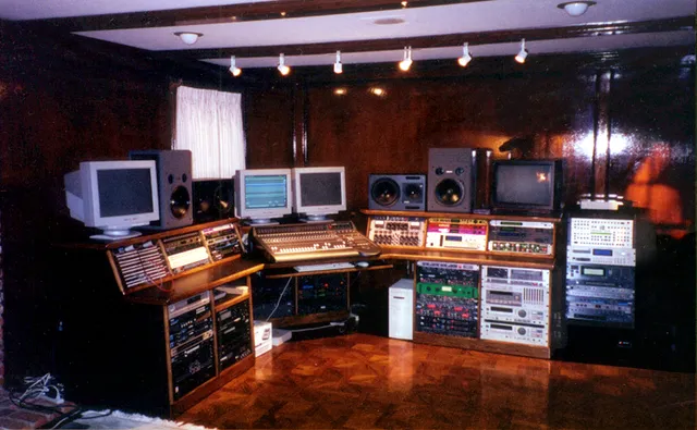 A music recording studio mixing console