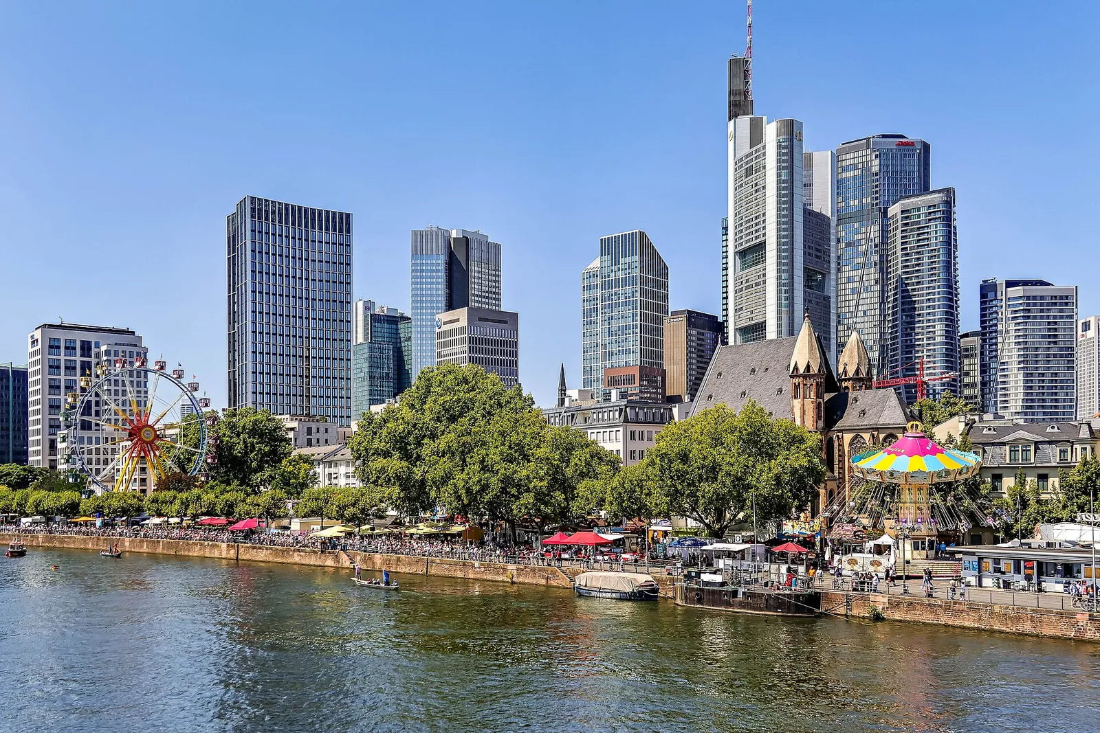The Frankfurt banking district towers seen across the river Main