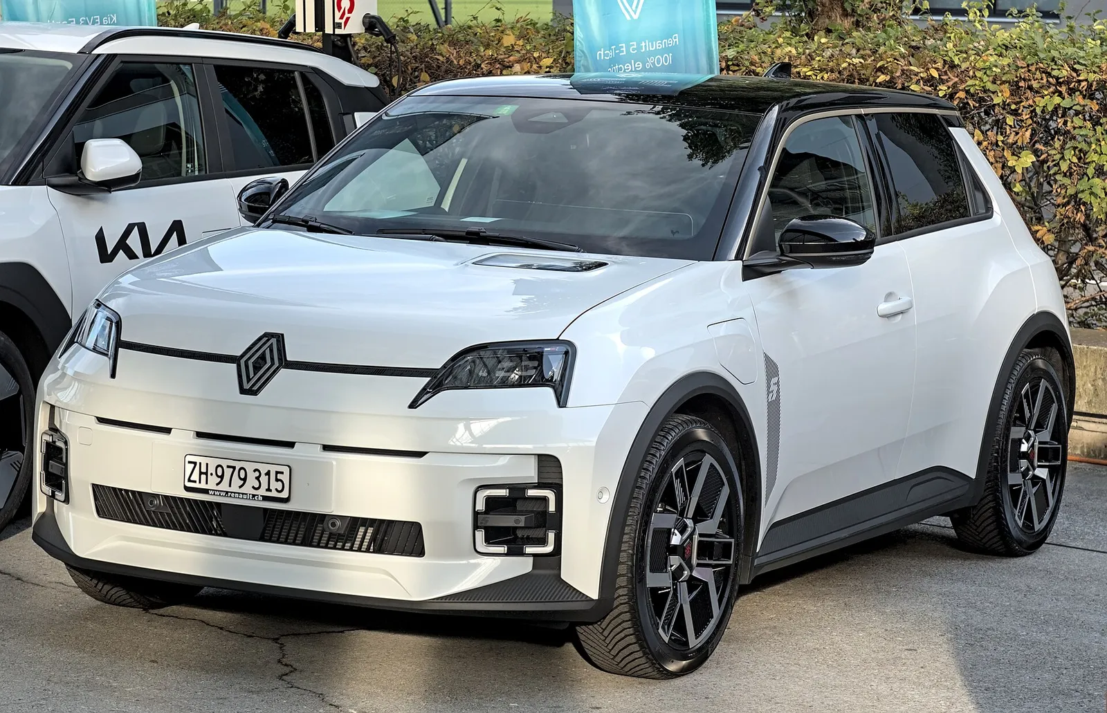 A Renault 5 E-Tech electric hatchback on display at a motor show in Zurich