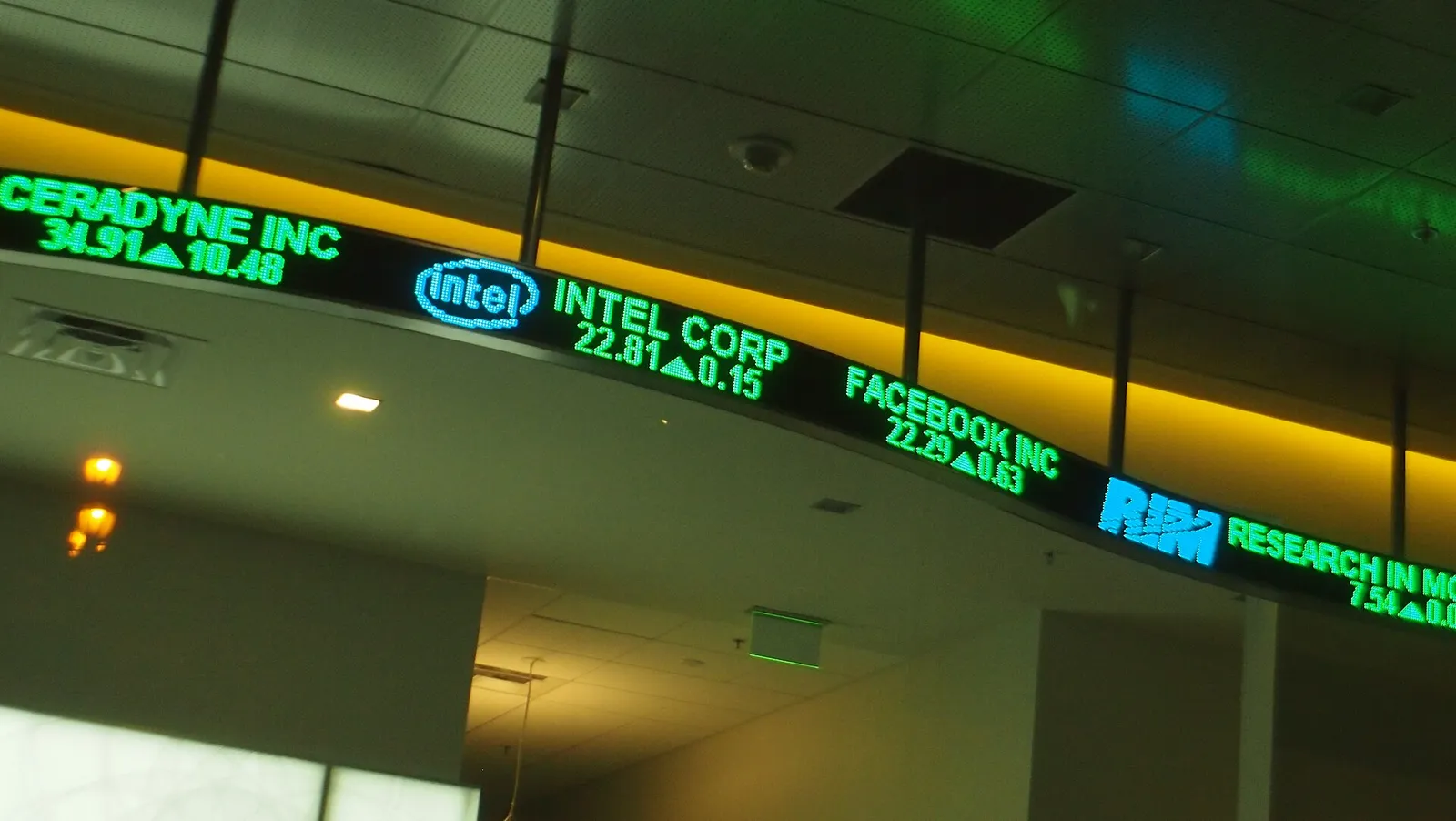 An electronic stock ticker board