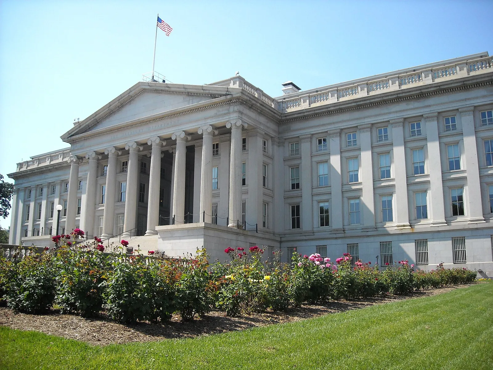 The US Treasury building in Washington seen from its gardens