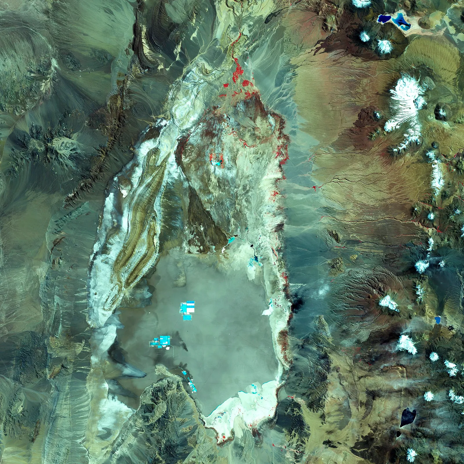 Lithium brine evaporation ponds at the Salar de Atacama in Chile, seen from above