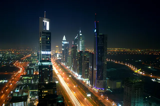 The night skyline of Dubai in the United Arab Emirates