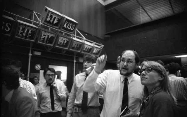Traders at work on a stock exchange floor