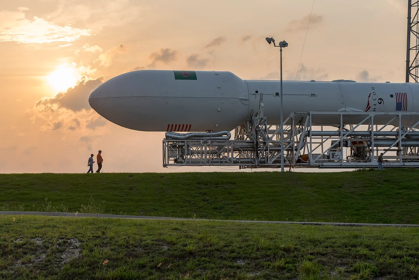 A Falcon 9 rocket on its transporter