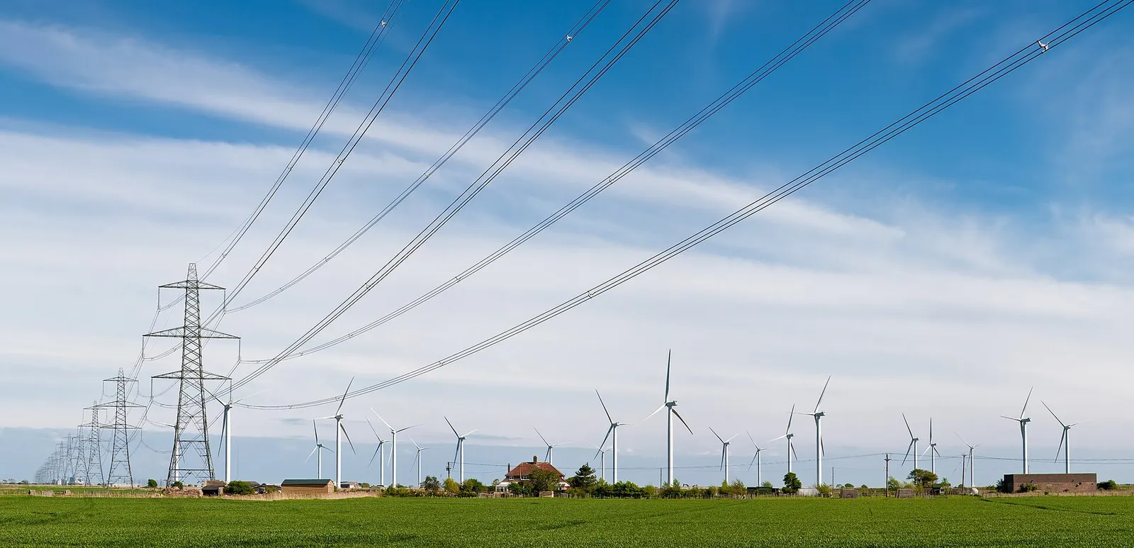 Wind turbines and power lines in England