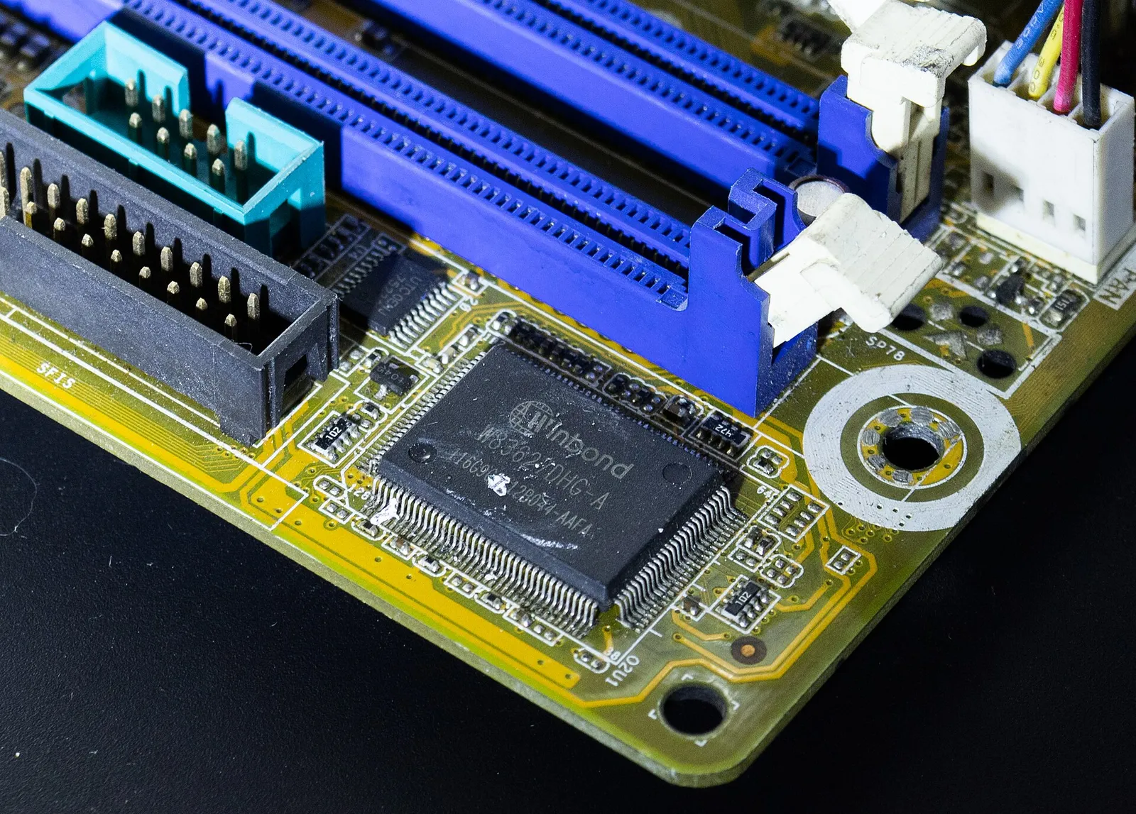 A computer motherboard with processor and chips