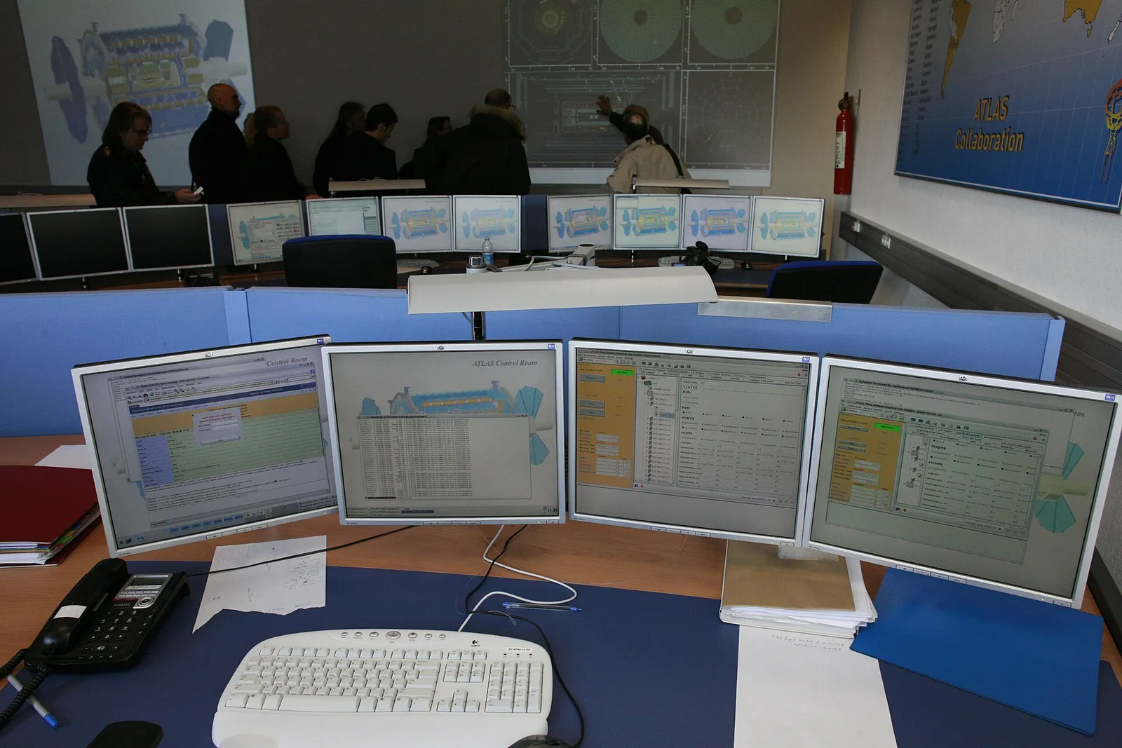 Banks of computer monitors in a control room