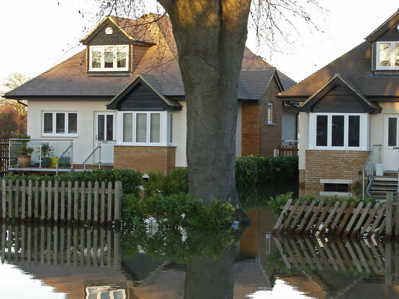 Flooded houses in a residential street