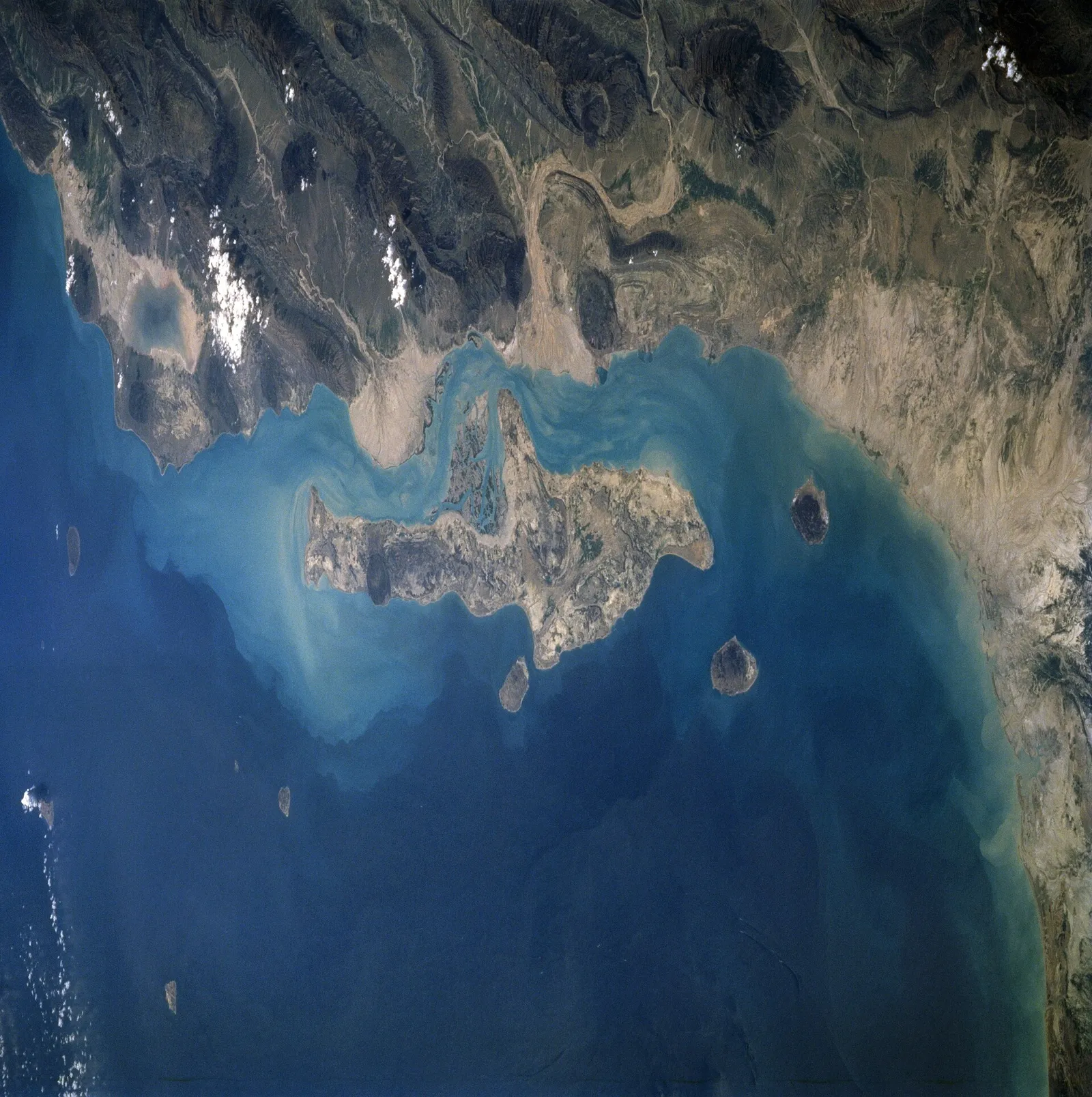 A satellite view of Qeshm Island and the Strait of Hormuz
