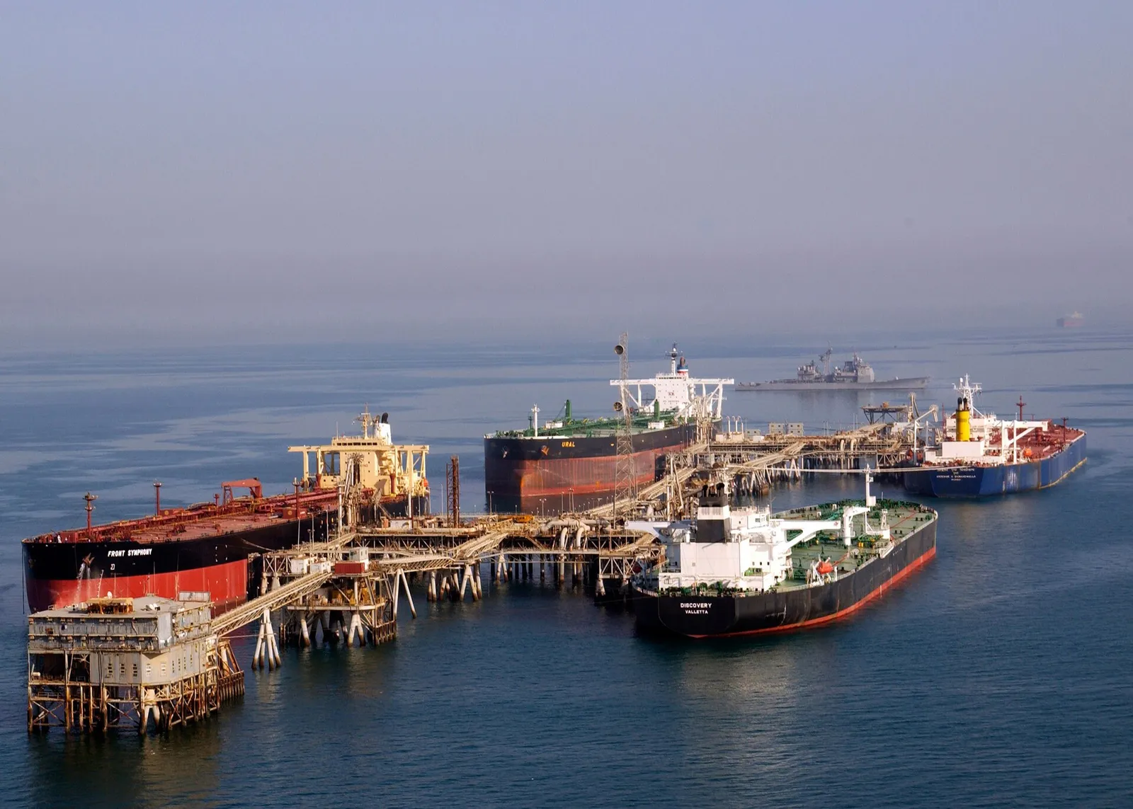 Oil tankers loading at the Al Basra terminal in the northern Arabian Gulf