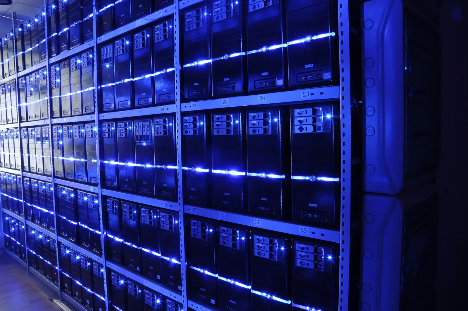 Rows of servers inside a data center