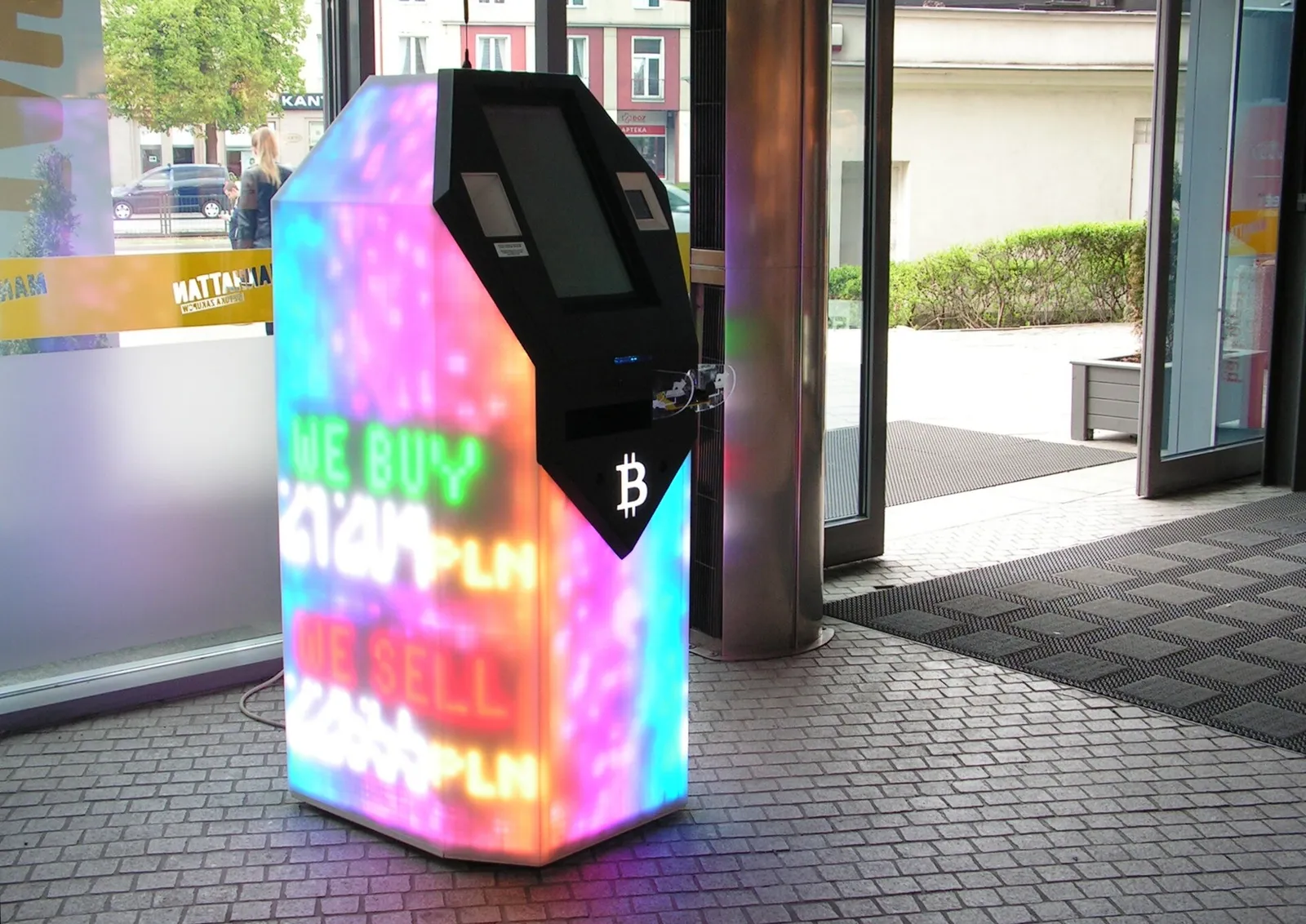 A bitcoin machine standing in a public interior in Gdansk