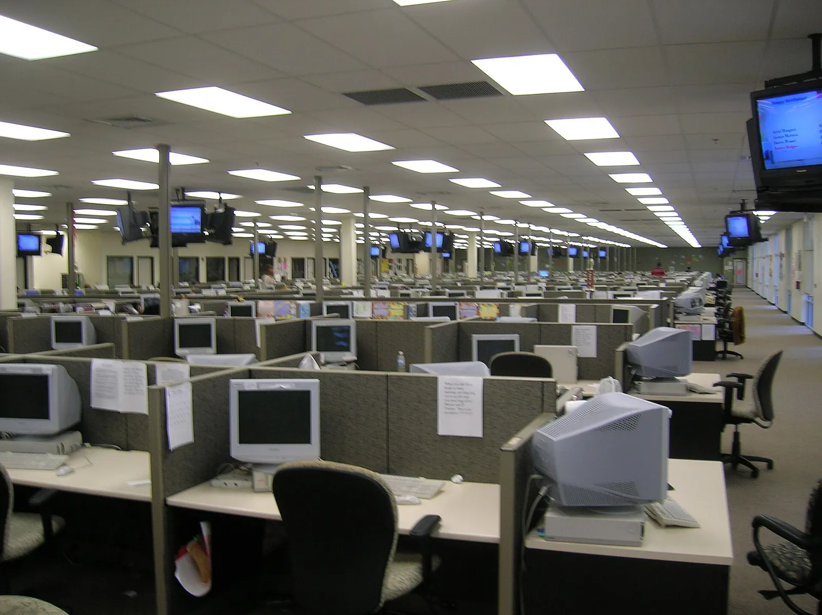 Employees working at computer terminals in an open-plan office
