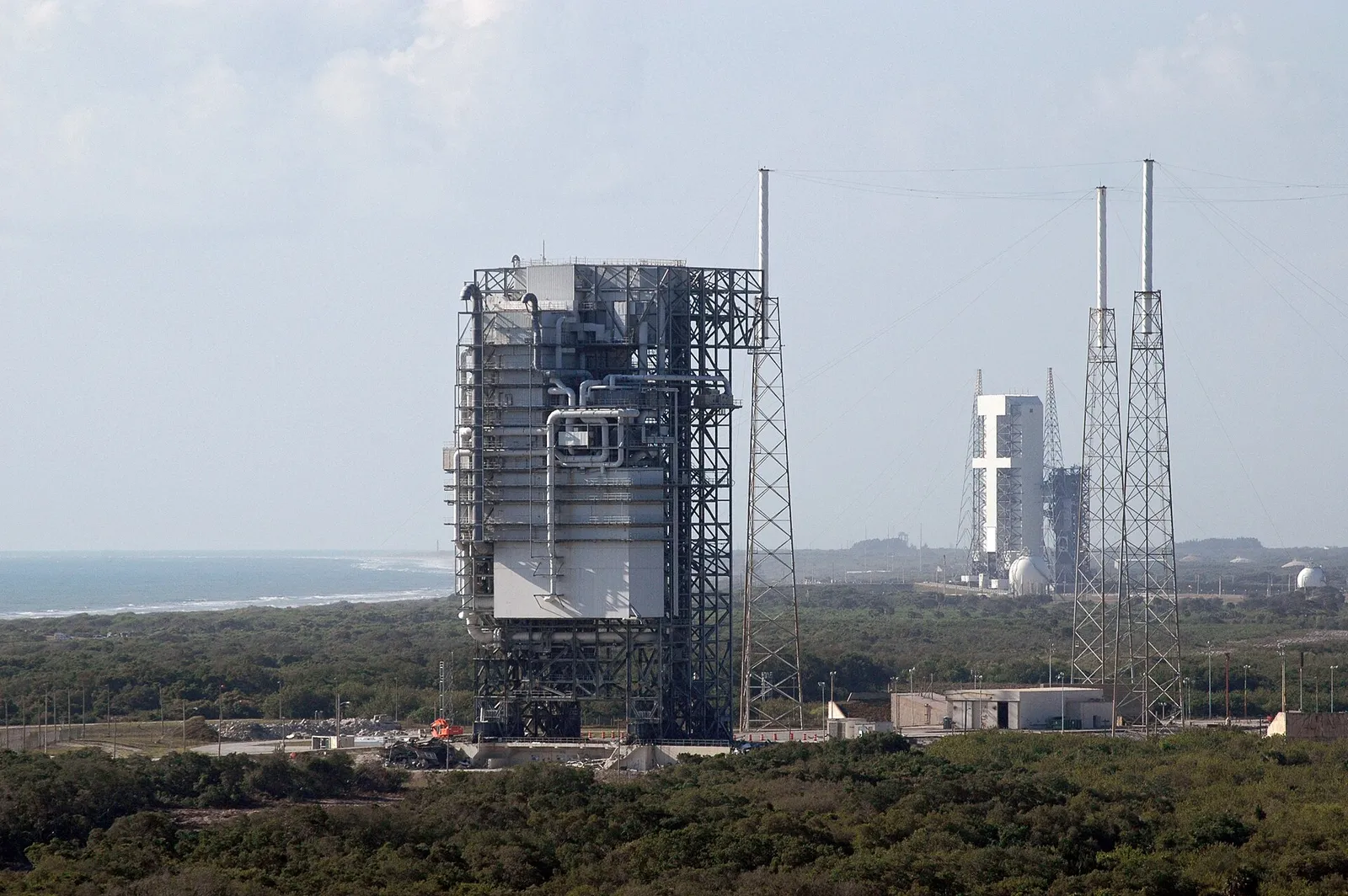 A rocket launch complex with a service tower at Cape Canaveral