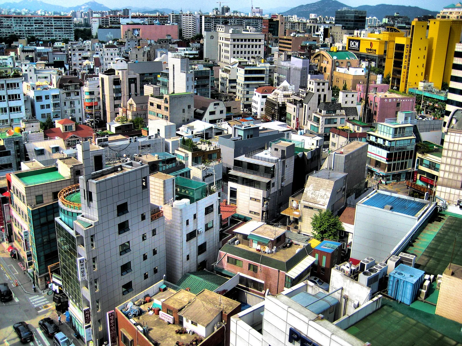 The dense cityscape of the Gangnam district in Seoul seen from above