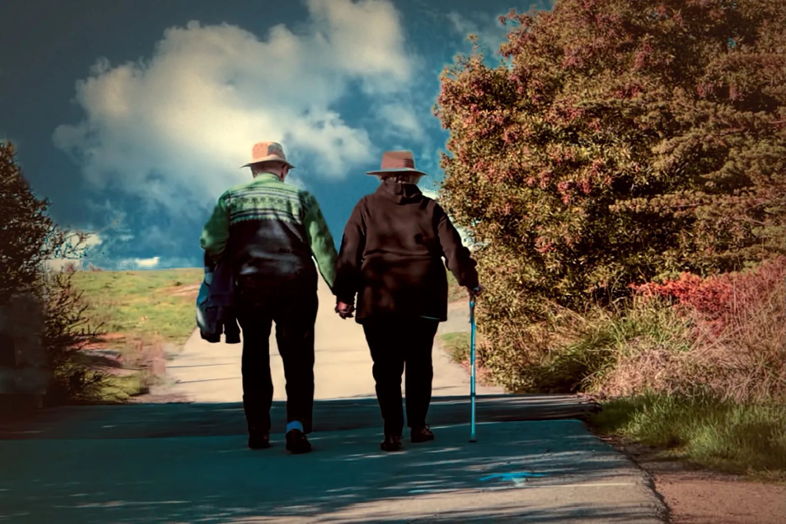 An older couple walking together